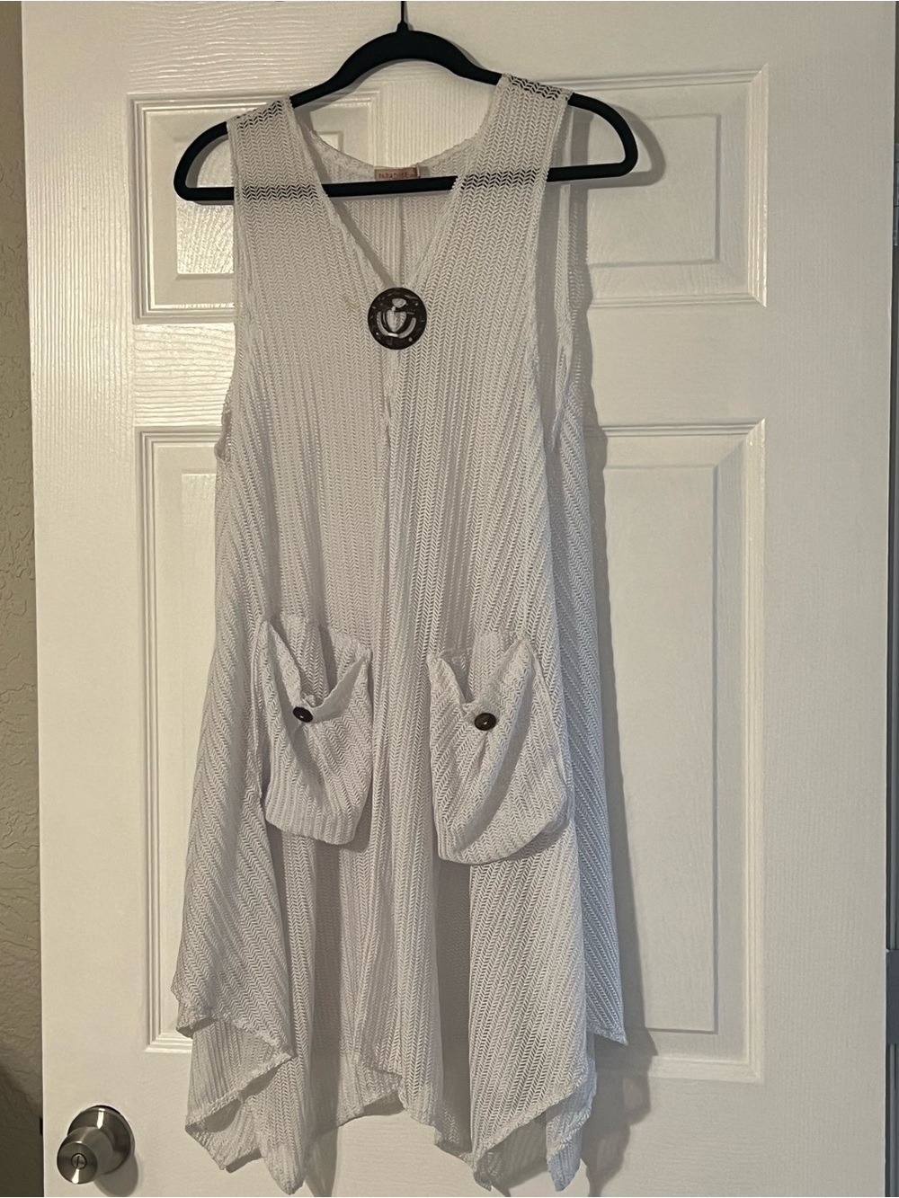 White Sleeveless V-Neck Swim Coverup Tunic with Front Pockets